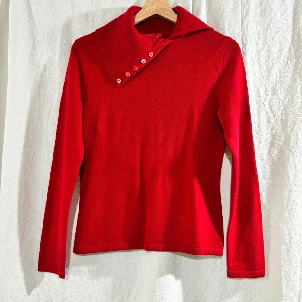 Anne Klein 100% Cashmere Red Asymmetrical Button Collar Sweater Small S/P
